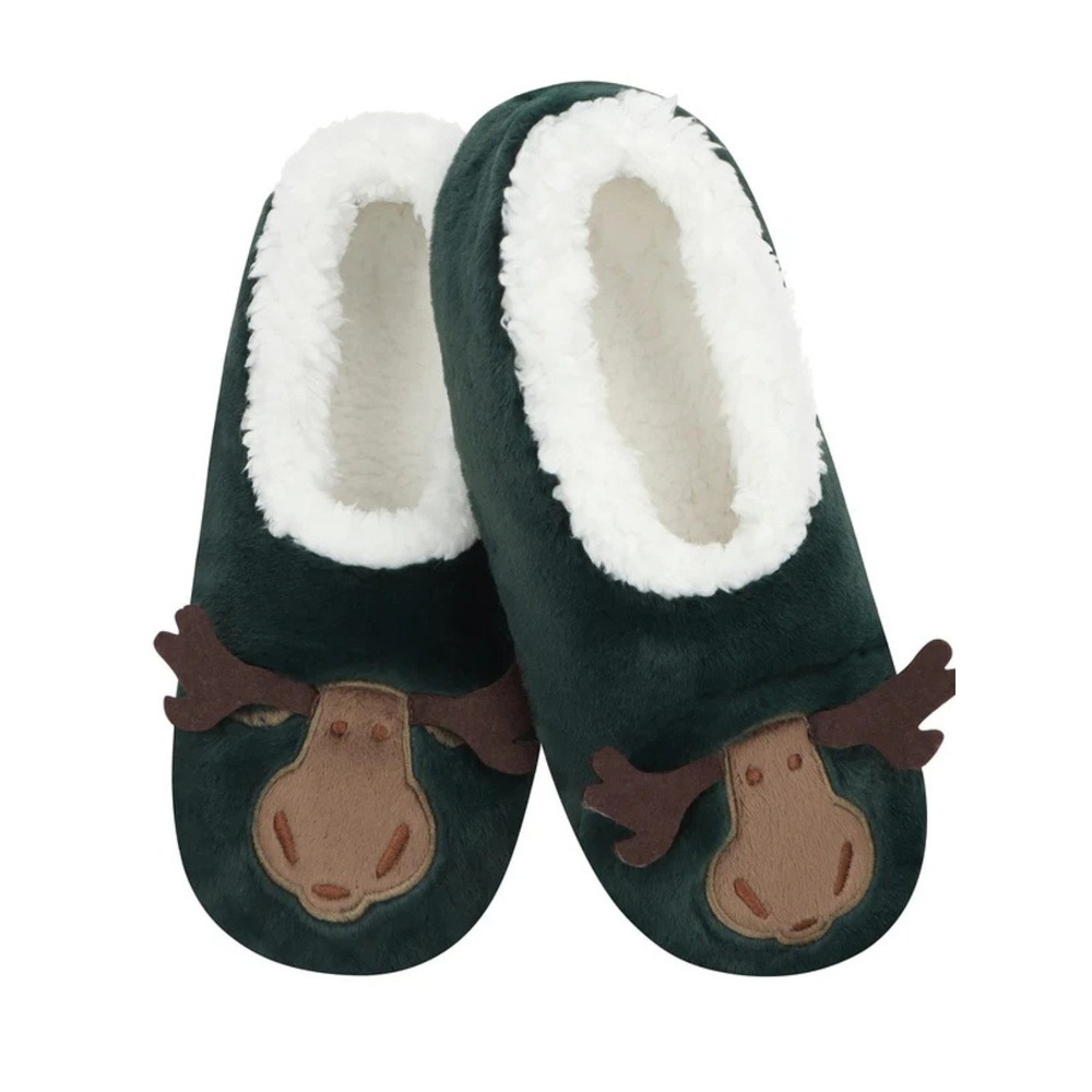 Snoozies Womens Moose Sherpa Lined Anti-Skid Slipper Socks Forest Green 9/10 NWT